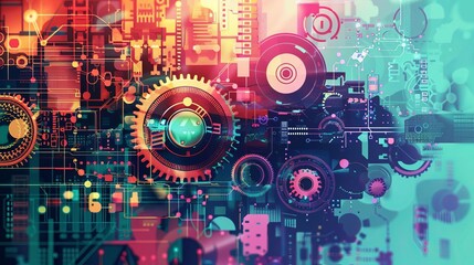 Obraz premium Illustration of an automated production icon with a colorful, abstract background