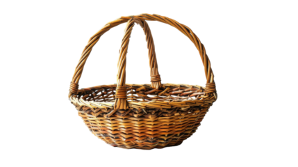 A wicker basket with a handle sits on a plain white background, showcasing its traditional design and practicality