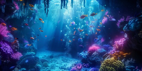 A colorful underwater scene with a variety of fish swimming around generated by AI
