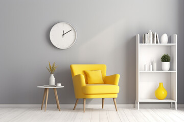 A sunny lemon yellow accent chair against a sleek grey rug, encircled by contemporary white shelves showcasing chic decorative items, an empty white frame mockup fixed on the wall.