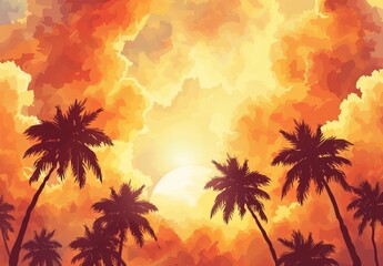A seamless pattern of a sunset with late afternoon light filtering through thick clouds and tall coconut trees at the beach. The sun on the horizon casts orange and red tones, and the clouds are orang