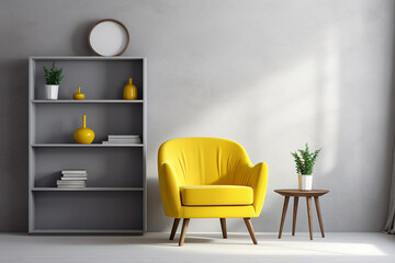 A sunny lemon yellow accent chair against a sleek grey rug, encircled by contemporary white shelves showcasing chic decorative items, an empty white frame mockup fixed on the wall.