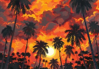 Naklejka premium A seamless pattern of a sunset with late afternoon light filtering through thick clouds and tall coconut trees at the beach. The sun on the horizon casts orange and red tones, and the clouds are orang