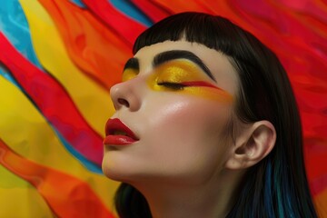 Una mujer hermosa con maquillaje amarillo y cabello amarillo y negro, sobre un fondo de colores brillantes, en el estilo de la fotografía de moda y fotografía publicitaria con iluminación profesional 