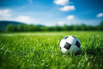 Fototapeta premium Soccer ball on vibrant green field in a dynamic and lively soccer stadium environment