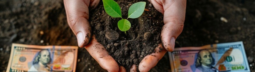 Closeup of hands holding soil with a seedling and banknotes beside it, representing financial investment, isolated on white, copy space, highresolution, vibrant and detailed.