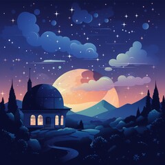Peaceful night sky illustration featuring an observatory, stars, and mountains under a serene moonlit atmosphere.