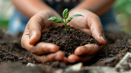Hands gently holding soil and a small seedling with banknotes beside it, representing economic growth, isolated on white background, ample copy space, highresolution, clear and det