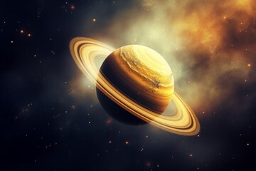 Naklejka premium Stunning image of planet Saturn with its rings, set against a backdrop of glowing space, showcasing the beauty of the solar system.