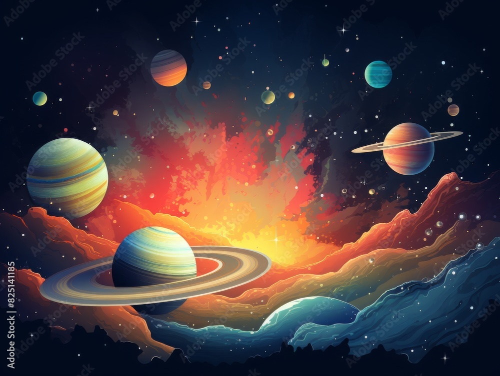 Wall mural vibrant illustration of a space scene featuring multiple planets and stars with a colorful cosmic ex