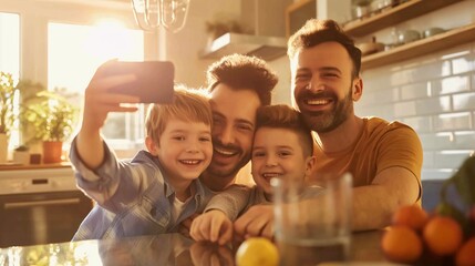 LGBTQ Gay male parents taking selfies with their children at the kitchen table, home background