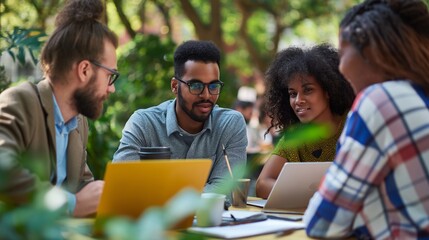 diversity of businessperson coworkers working and brainstorming together in public park