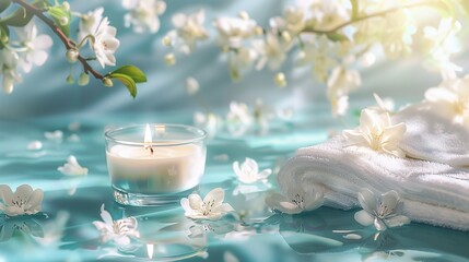 candle and spa accessories on blue background with white flowers. Wellness and skin care treatmen