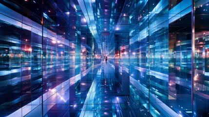 Abstract digital data network in a futuristic server room