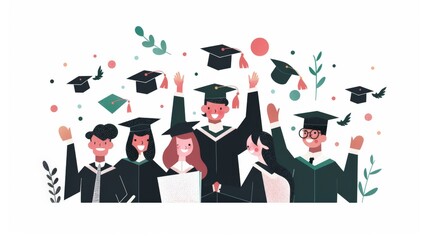An illustration of a graduation ceremony with characters in caps and gowns, celebrating together in a 2D flat style with clean lines and a simple composition.