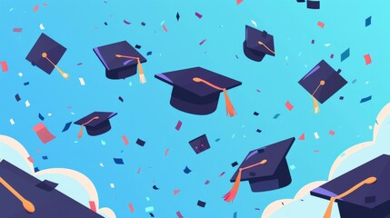 A 2D flat style illustration of a graduation cap toss, capturing the excitement and joy of the moment with simple shapes and a clean design.