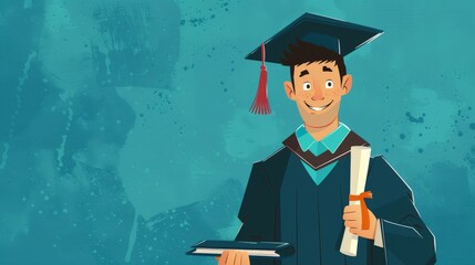 An illustration of a student character in a cap and gown, holding a diploma and smiling, drawn in a 2D flat style with a focus on the sense of achievement and pride.
