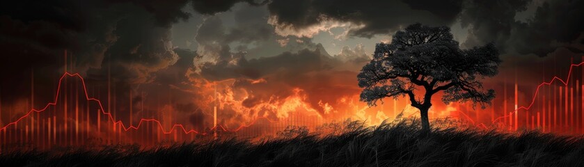 Obraz premium A dead tree against a dark, stormy sky with a downward financial graph behind it, representing financial crisis, sharp and vivid, highquality, clear and somber image.