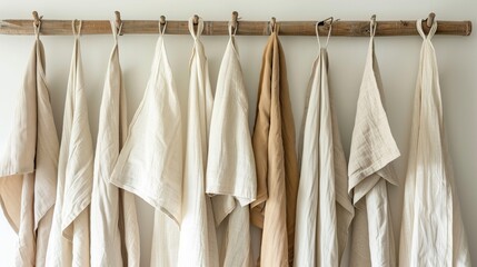 A collection of natural muslin kitchen towels is elegantly hung in a row on an unusual wooden hanger. These kitchen textiles are natural, soft, airy, and stylish