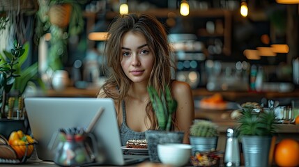 Woman at dining table with laptop and breakfast spread