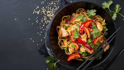 Udon stir-fry noodles with chicken meat and sesame in bowl on dark stone background