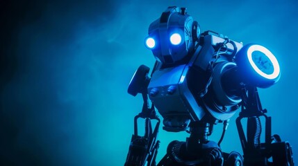 An epic portrait of a robot standing in a dark room. The robot is made of metal and has glowing blue eyes. It is looking at the viewer with a serious expression.