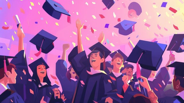 An illustration of a graduation ceremony with characters in caps and gowns, celebrating together in a 2D flat style with clean lines and a simple composition to highlight the joy and excitement of