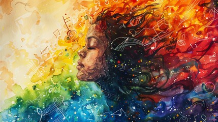 Musical Rainbow A person surrounded by a rainbow of watercolor music notes and swirls, smiling in delight