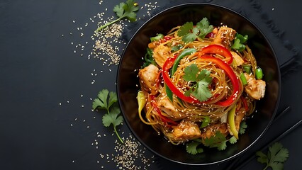 Udon stir-fry noodles with chicken meat and sesame in bowl on dark stone background