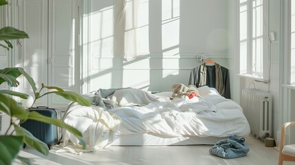 The scene depicts a modern, bright bedroom with messy clothes scattered on a white bed and floor. The empty room in the cozy apartment evokes a sense of relaxation and comfort.