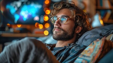 Fototapeta premium Man in slippers attending virtual meeting with bed in background