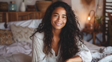 Charming Brazilian Woman in Cozy Bedroom Setting - Natural Beauty and Relaxing Atmosphere - Lifestyle Photography for Diverse Representation