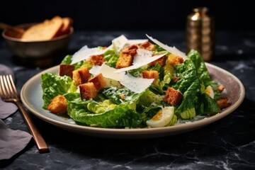 Tempting caesar salad on a marble slab against a denim fabric background
