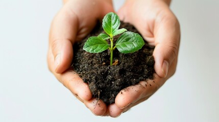 Hands holding soil and a seedling with banknotes nearby, symbolizing financial growth, isolated on white background, copy space, highresolution, detailed and vibrant image.