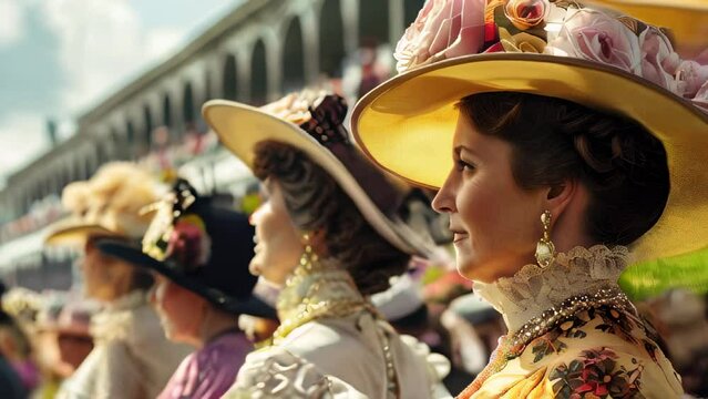 Women in vintage costumes and fancy hats at outdoor event