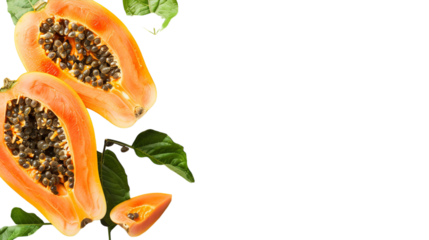 A ripe papaya cut in half, showcasing its vibrant orange flesh and black seeds, placed on a clean white background