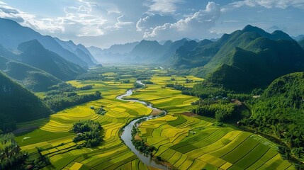 aerial landscape of phong nam valley with winding river rice fields and mountains extreme scenery in vietnam