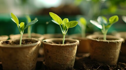 Budding Potential Seedlings Sprouting in Biodegradable Pots for Sustainable Gardening