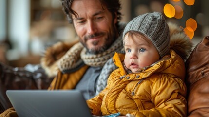 Obraz premium Person working from home with baby in lap and typing on laptop