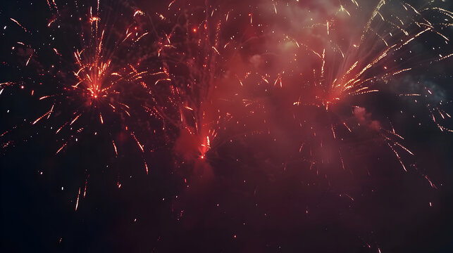 A fireworks display with many red fireworks in the sky. Scene is celebratory and festive