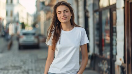 Fototapeta premium portrait of a mockup.Young girl in blank white tshirt in city street. Mock up template for t-shirt design print. 