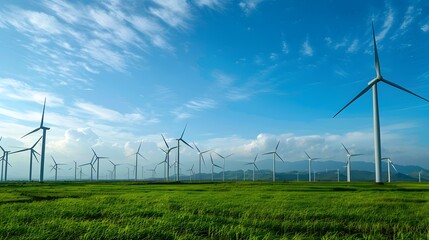 Wind Turbines in a Lush Green Field Against a Scenic Blue Sky with Clouds