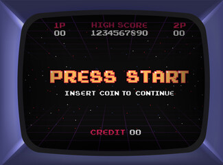 PRESS START INSERT A COIN TO CONTINUE .pixel art .8 bit game.retro game. for game assets in vector illustrations.Retro Futurism Sci-Fi Background. glowing neon grid.and stars from vintage arcade comp © Maderla