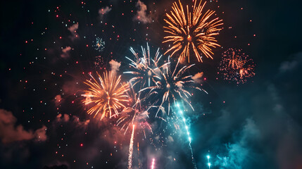 A fireworks display with a blue sky background. The fireworks are in different colors and are lit up in the night sky