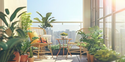 Beautiful balcony with outdoors furniture chairs, colorful decorations and green potted flowers...