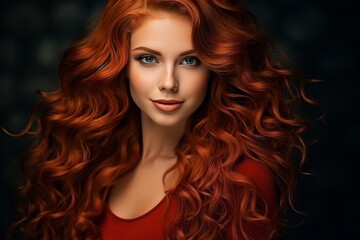 Fototapeta premium Glamorous close up smiling brunette model with long curly red hair in stunning makeup