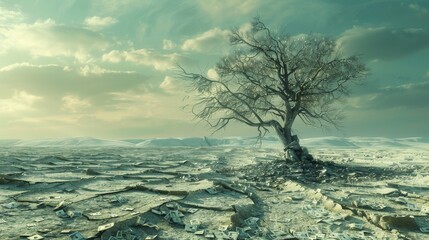 A leafless tree in a desert wasteland with torn banknotes scattered around, symbolizing financial crisis, highresolution, detailed and bleak, sharp and professional stock photo.