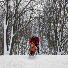 Young happy father and his little son enjoying a sledge ride in a beautiful snowy winter park....