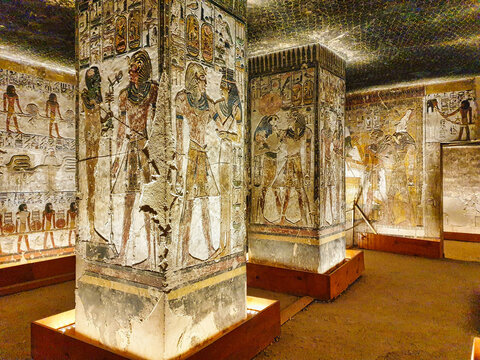 Painted reliefs of Seti I with Ptah,Horus and other divine beings on the pillared columns in Chamber F in the Tomb of Seti I, KV17 at the Theban necropolis in the Valley of Kings in Luxor,Egypt