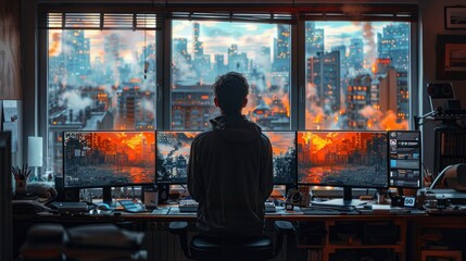 Man with dual monitors and home office clutter